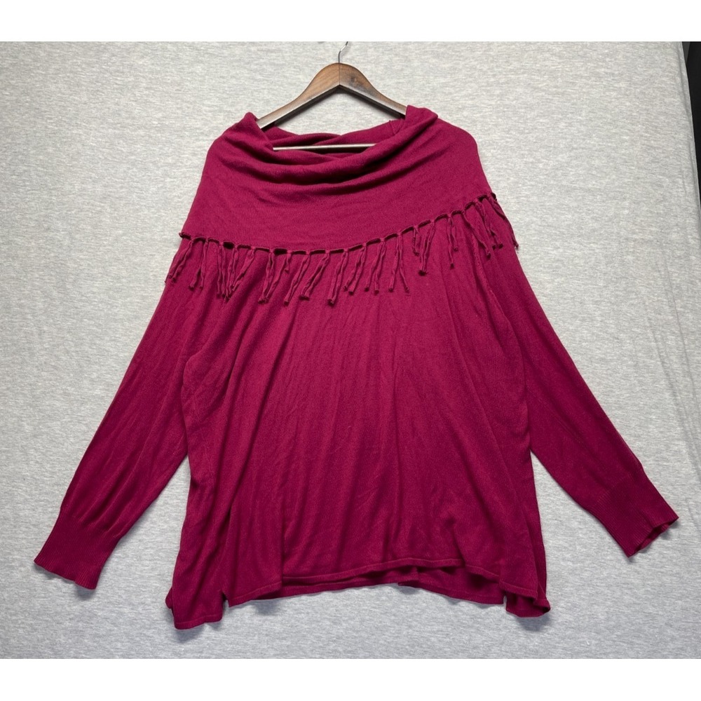 Multiples Poncho Sweater Womens‎ 3X Burgundy Cotton Cowl Neck Boho Fringe Detail